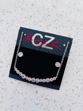 KENNETH JAY LANE CZ Silver Tone Curved Smile Necklace & Stud Earring Set